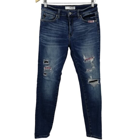 Kancan Mid-Rise Super Skinny Patch Distressed Jeans Size 9/28 Boho Southwest - Picture 1 of 13